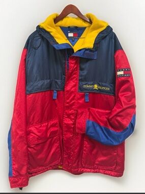 VTG Tommy Hilfiger Colorblock Jacket Mens Size 2X Hooded Red Blue Yellow